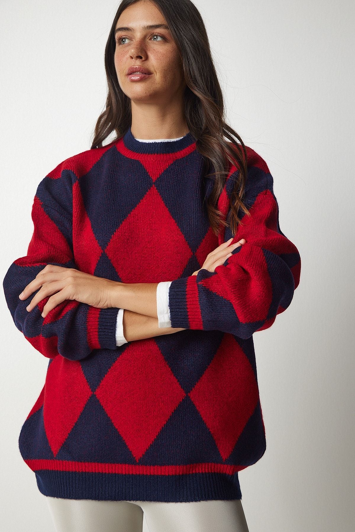 Woman Red Baklava Patterned Oversize Knitwear Kazakh YY00161
