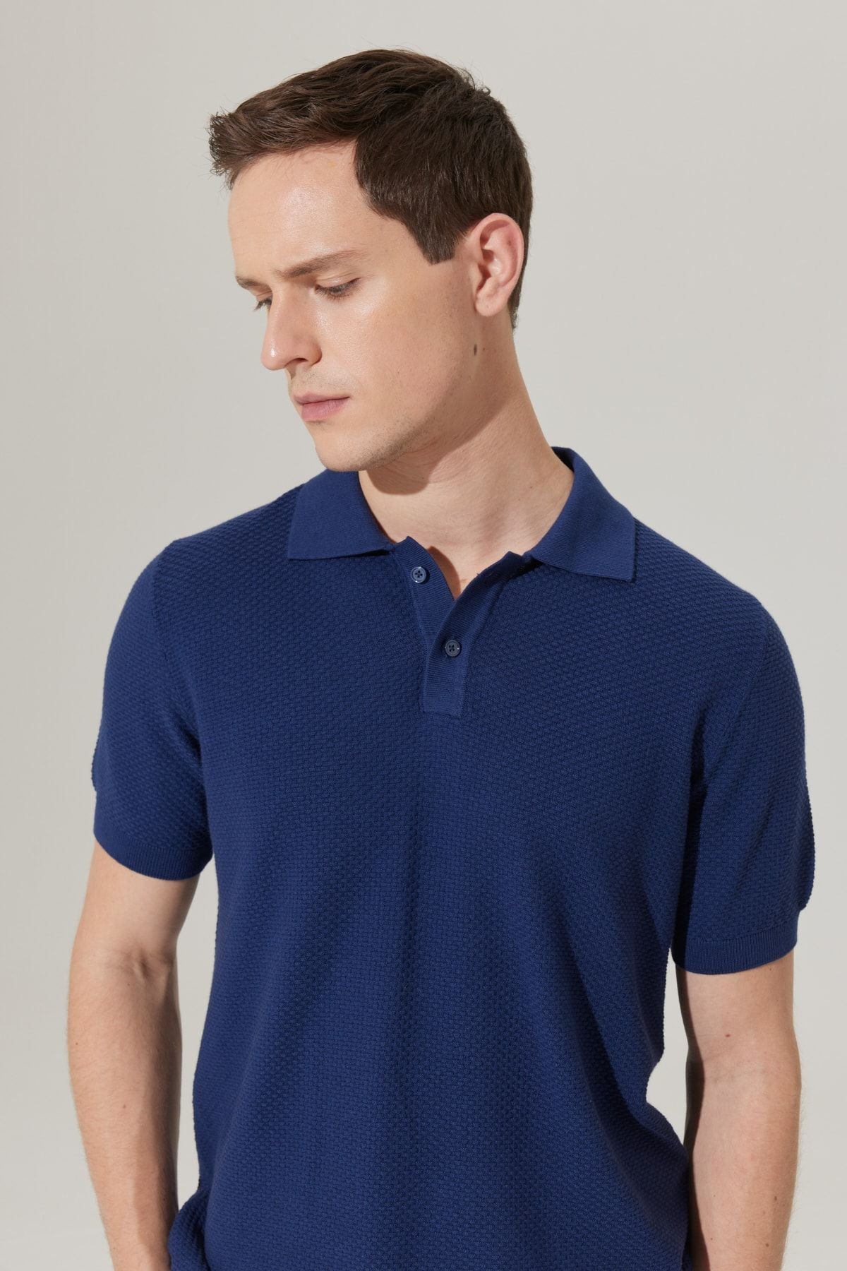 Men's Navy Blue Standard Fit Normal Cut Polo Yaka 100 %Cotton Short Sleeve Knitwear T -shirt