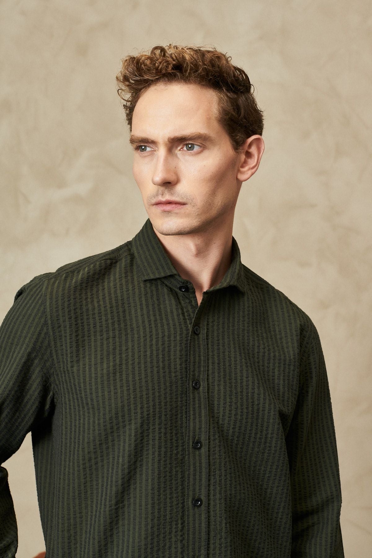 Men's Khaki Slim Fit Narrow Cutting Italian collar 100 %Cotton Wafer Shirt