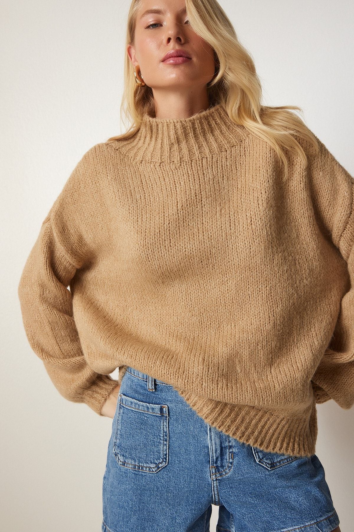Woman Camel upright collar basic knitwear sweater mx00127