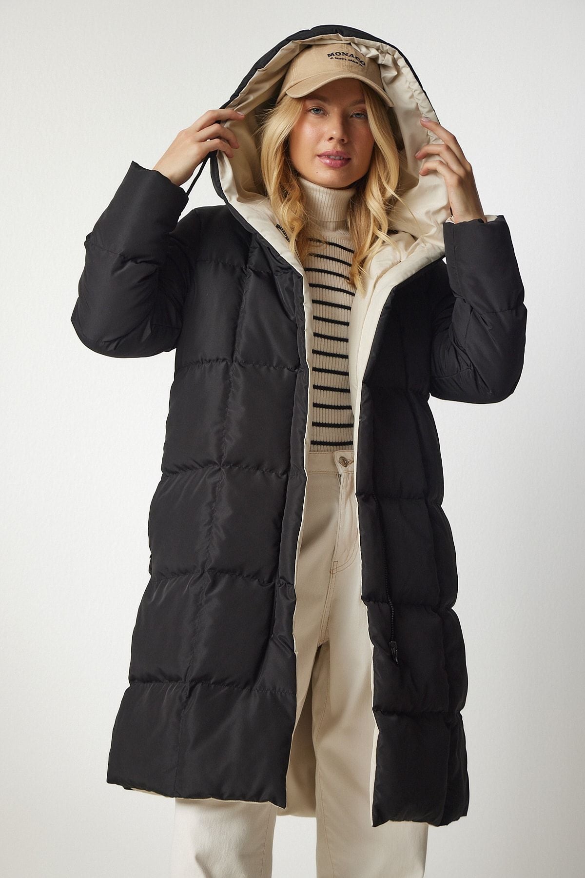 Female Black Cream Hooded Swelling Coat VP00005