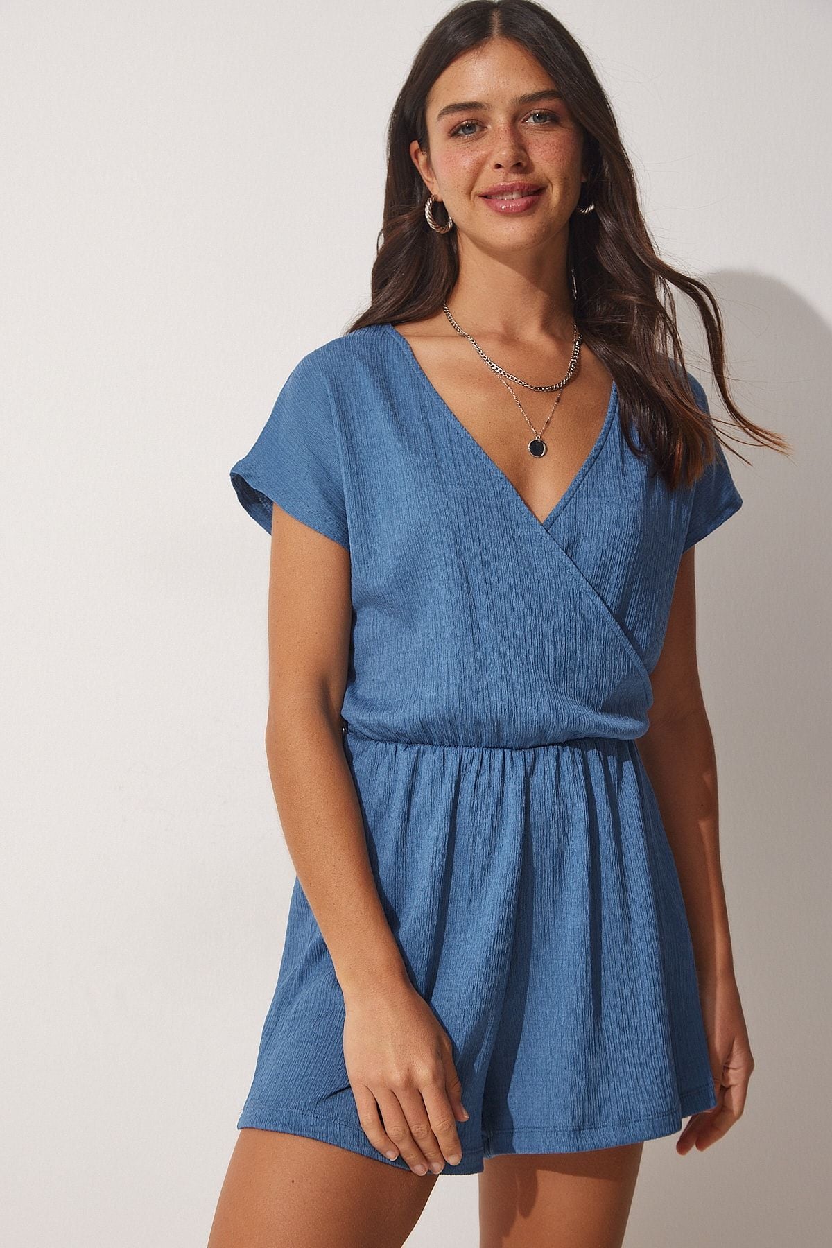 WOMEN INDOGO BLUE BLUE ANVALOP YOK RED short knitting overalls ub00019