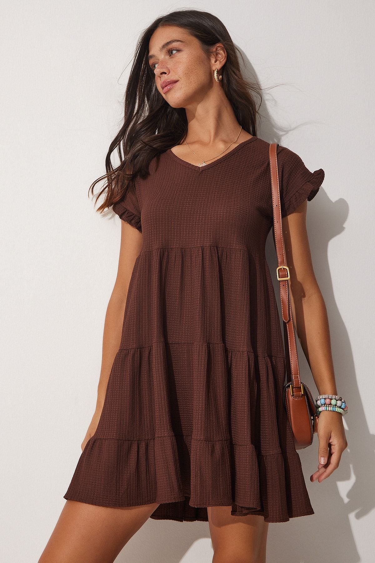 Woman Brown V -Neck Flash Summer Knitting Dress Dz00079