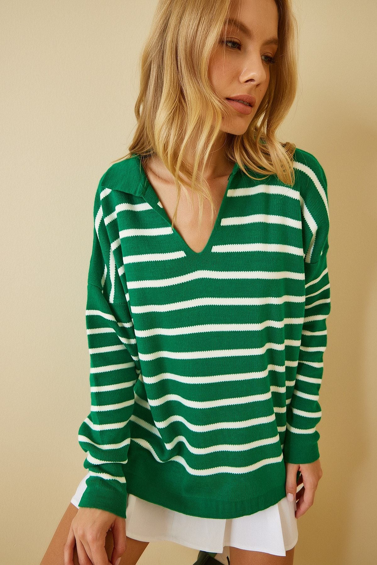 WOMEN'S GREEN WHITE Polo Yaka Crop Knitwear sweater US00293