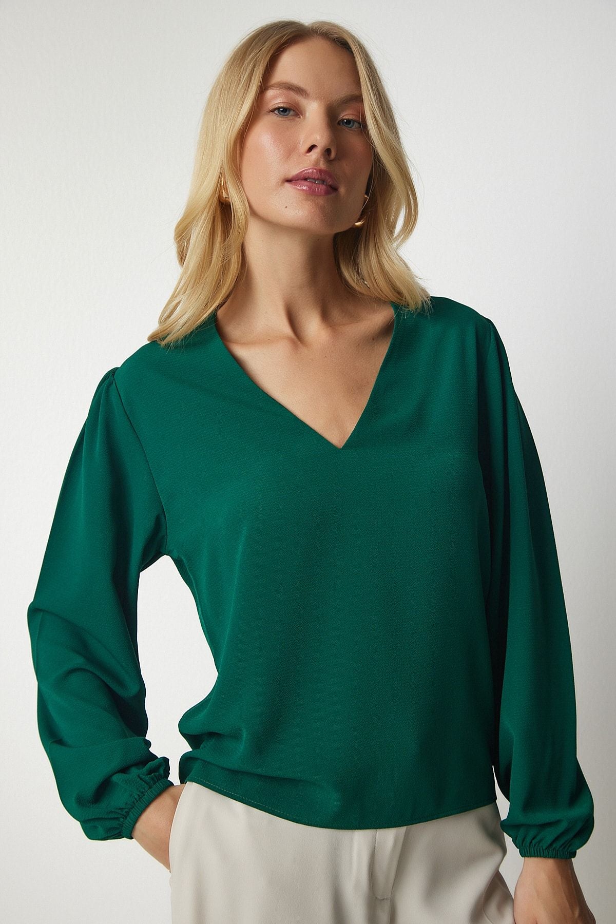 Female Emerald Green V -Neck Crepe Blouse UB00153