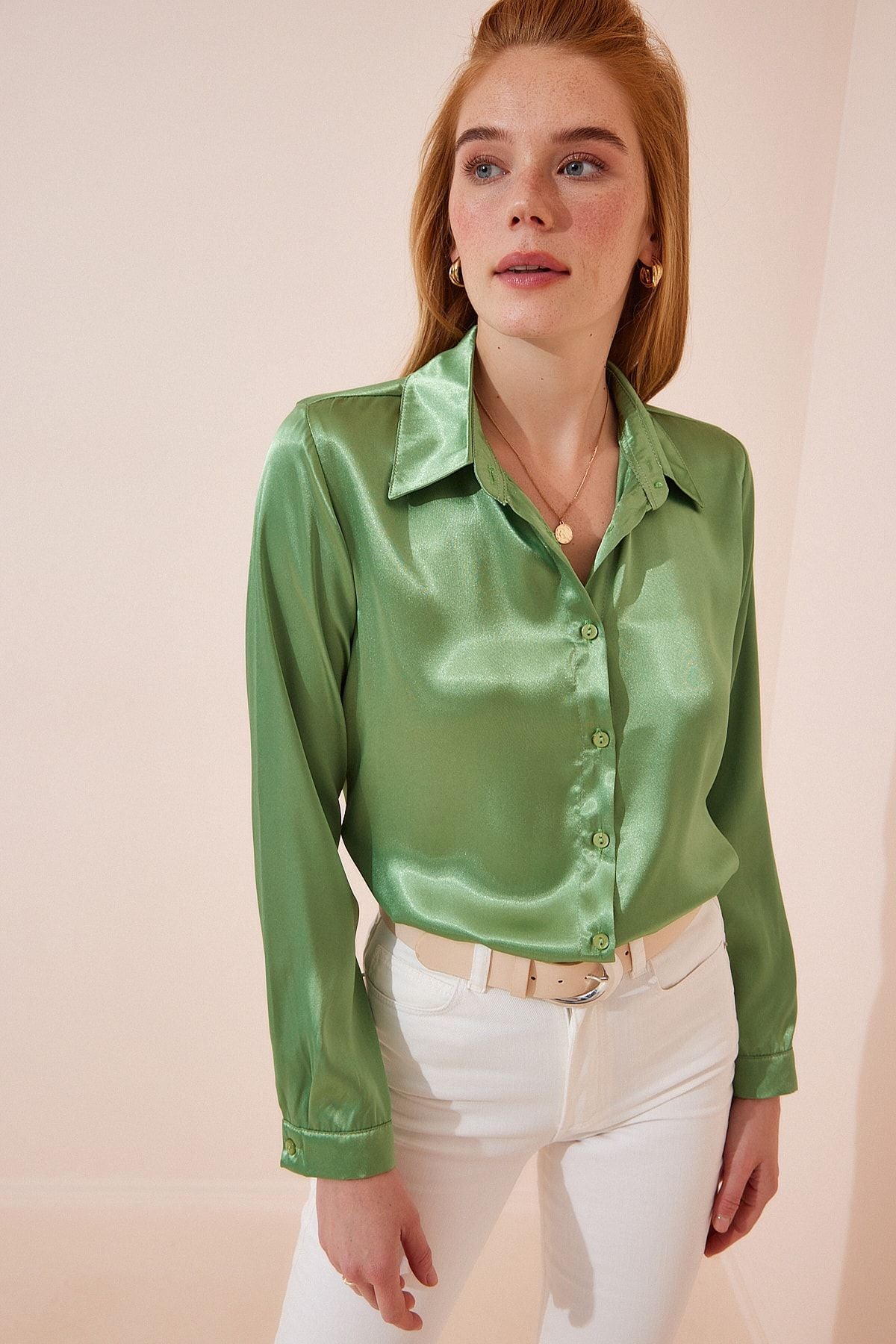 Female peanut green lightly draped satin surface shirt DD00990