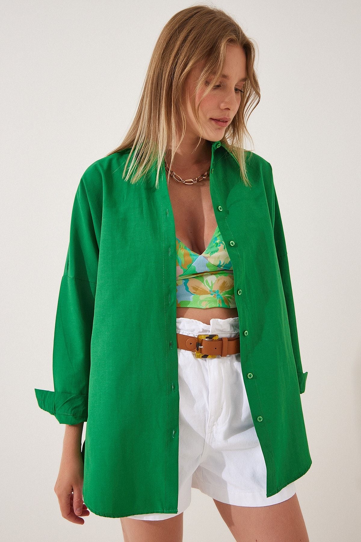 Woman Live Green Oversize Long Basic Shirt DD00842