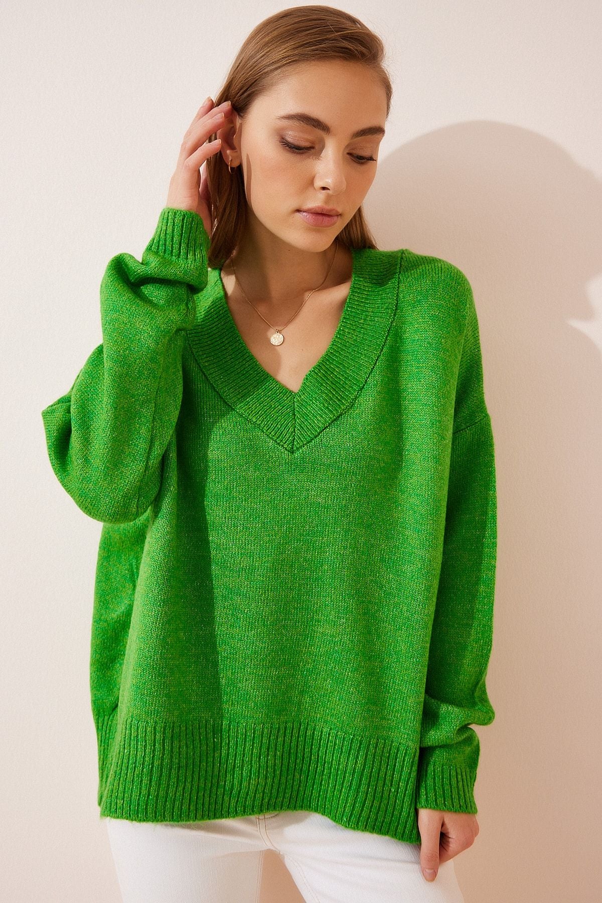 Woman Light Green V -Yaka Oversize Knitwear Kazakh BV00003