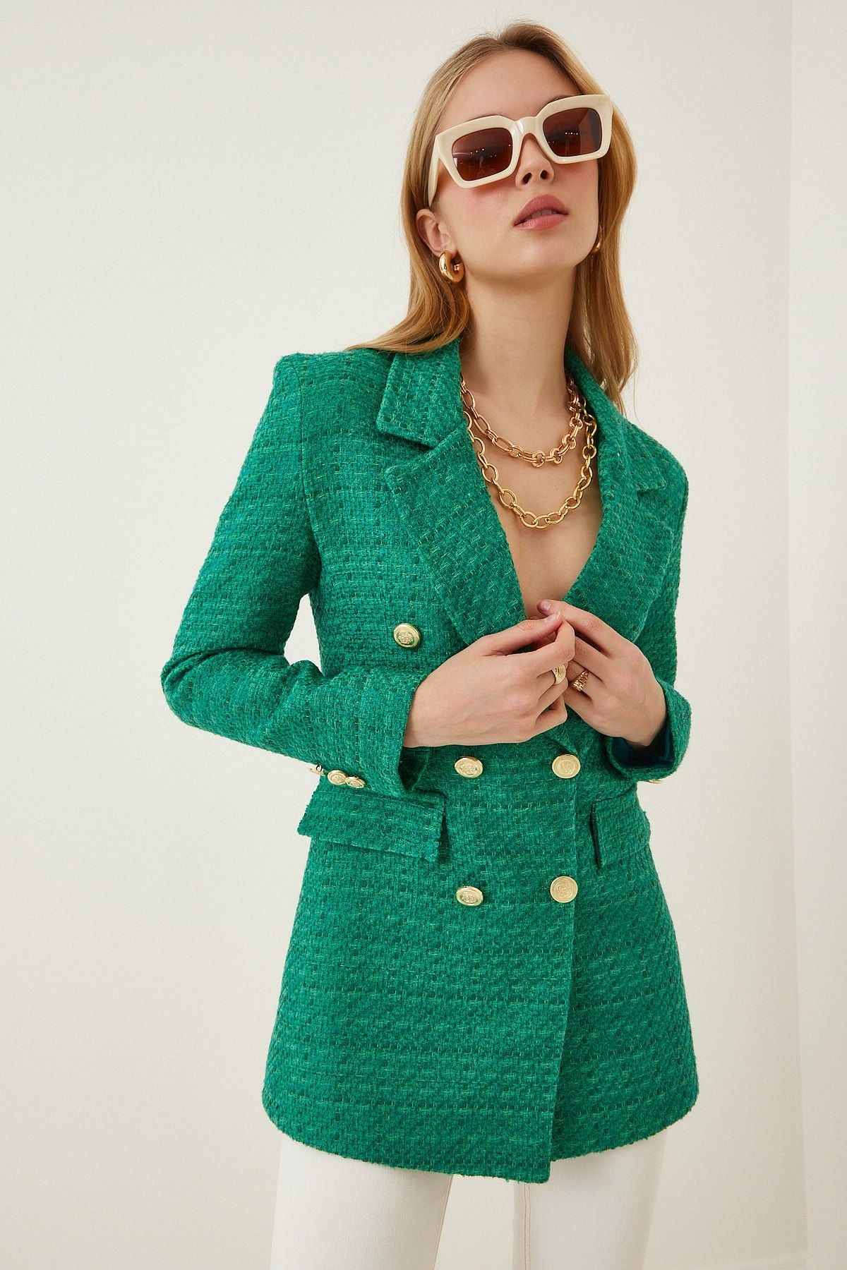Female Green Button Blazer Tüvit Jacket WF00004