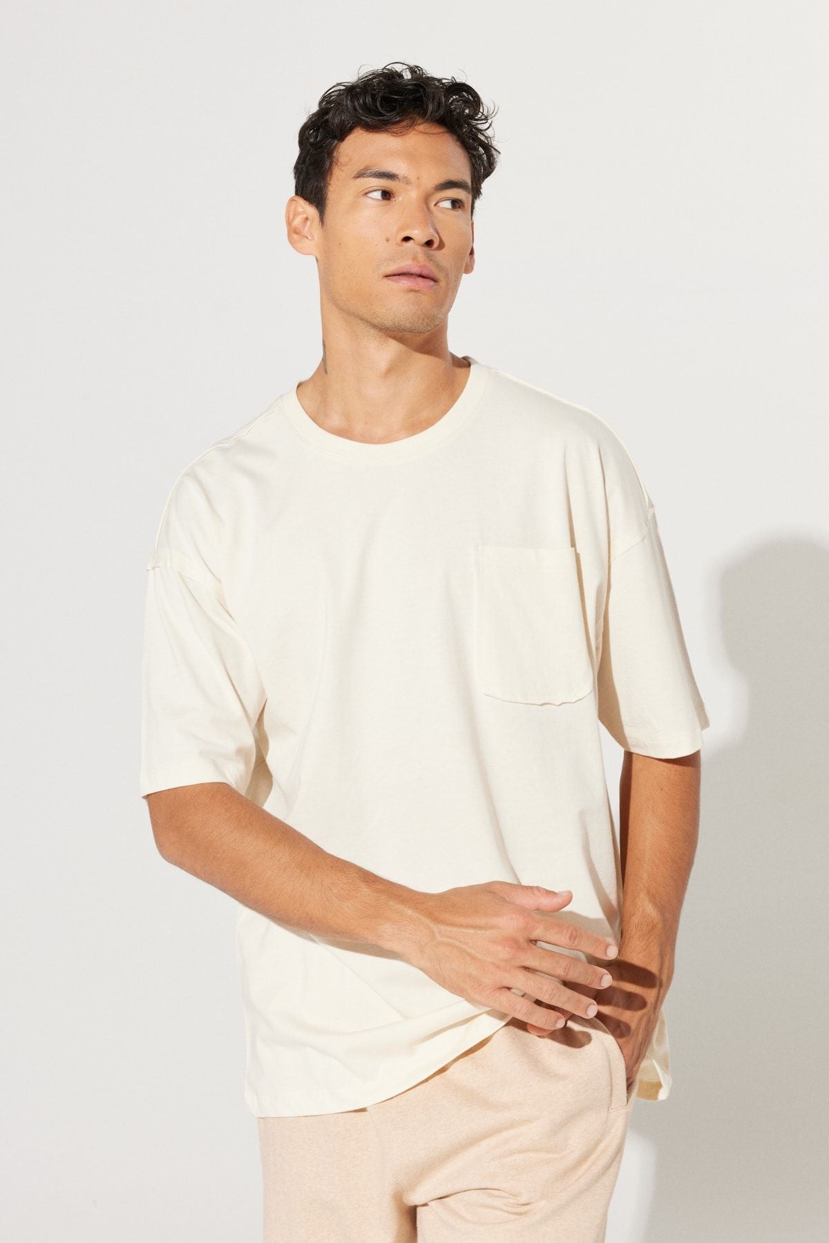 Men's Ecru Oversizte Fit Wide Cycling Bicycle Neck 100 %Cotton T -shirt