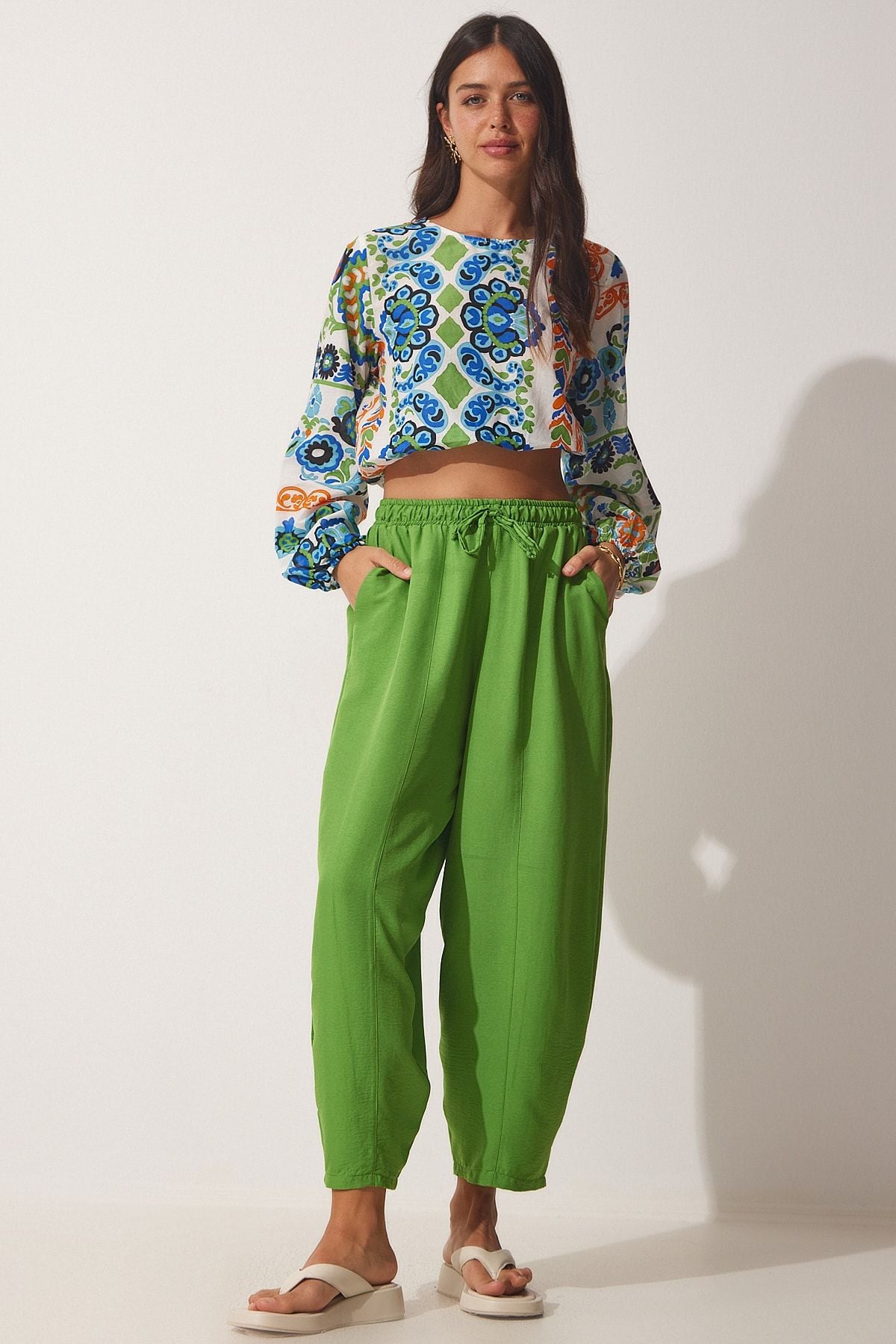 Female Live Green Pocket Linen Viscose Shalwar Pants CV00001