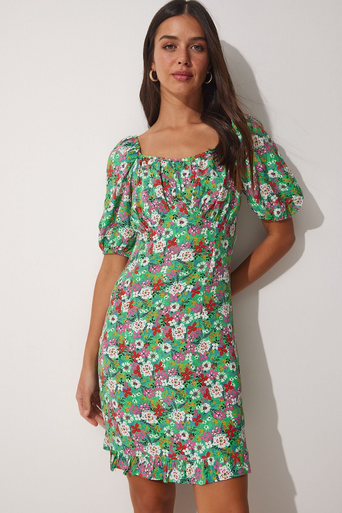 Female Green Carmen Yaka Floral Balloon Sleeve Summer Dress to00063