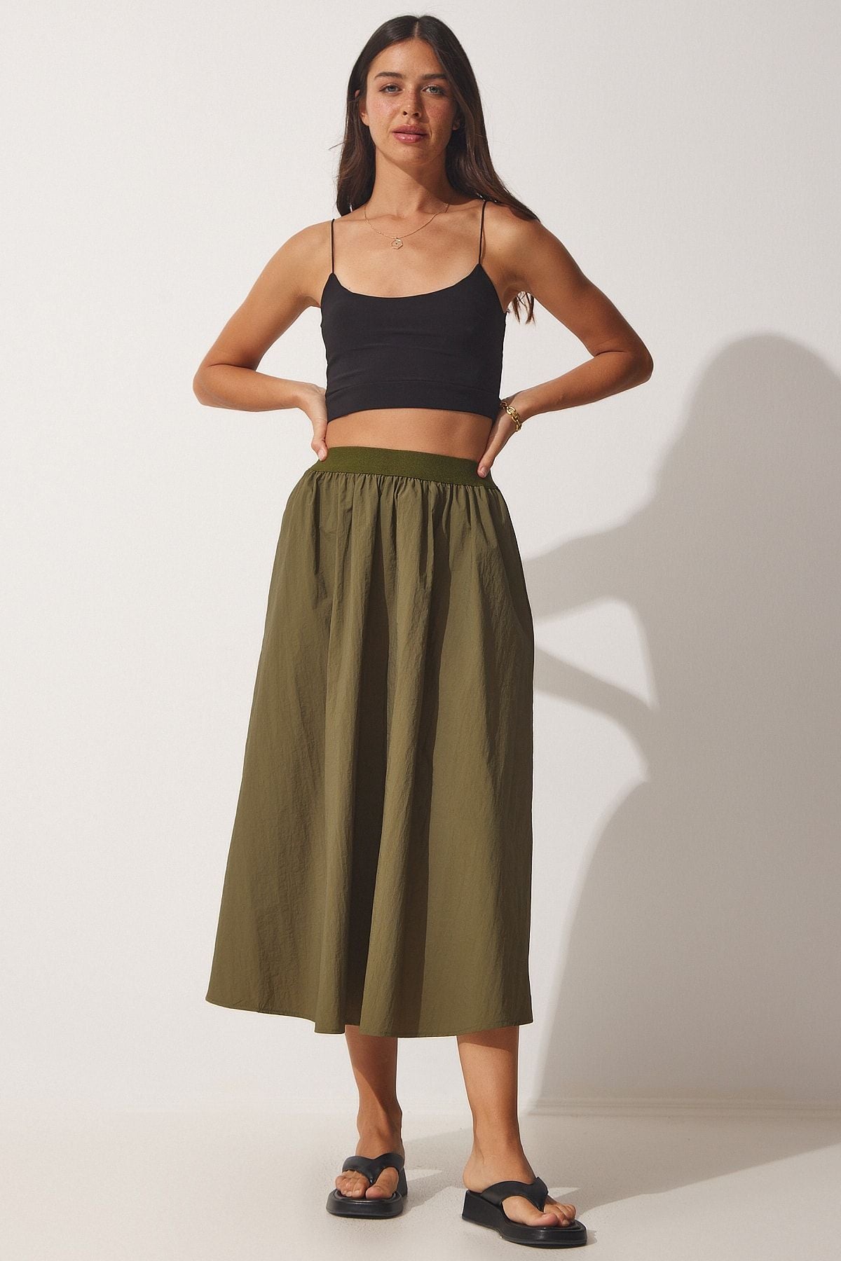 Woman Khaki Balloon Parachute Midi Skirt UL00008