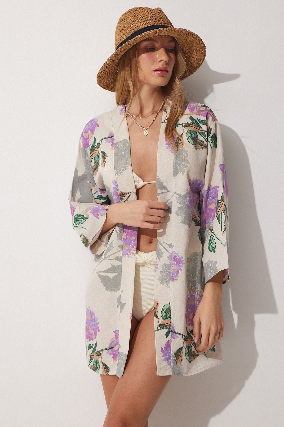 Female Beige Lila Patterned Kimono BH00381