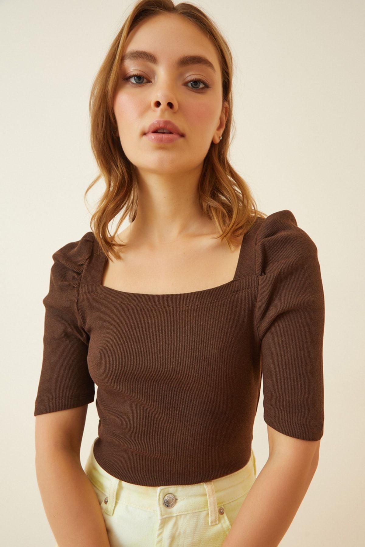 Female Brown Square Collar Crop Blouse GT00007