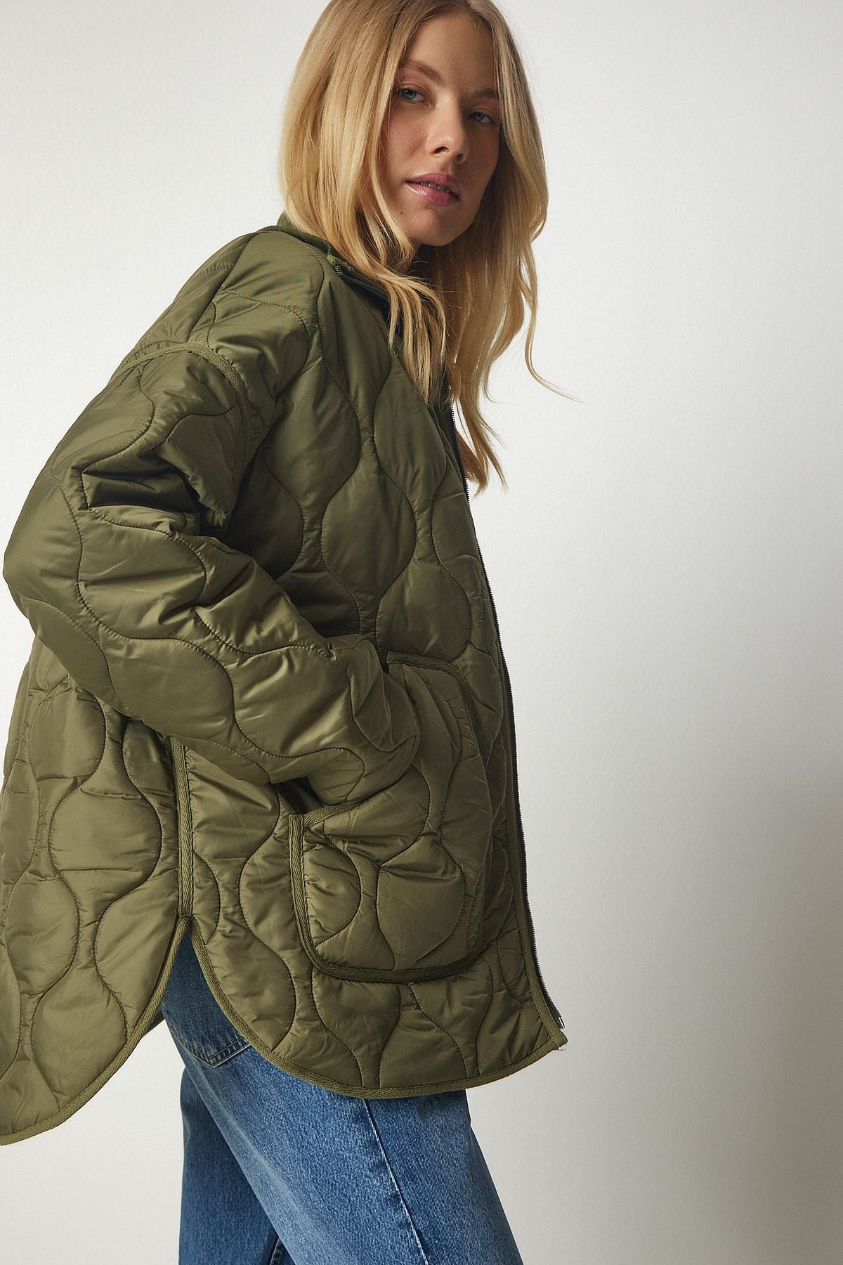 Women's Khaki Pocket Fisherman Neck Kapitone Coat DZ00094