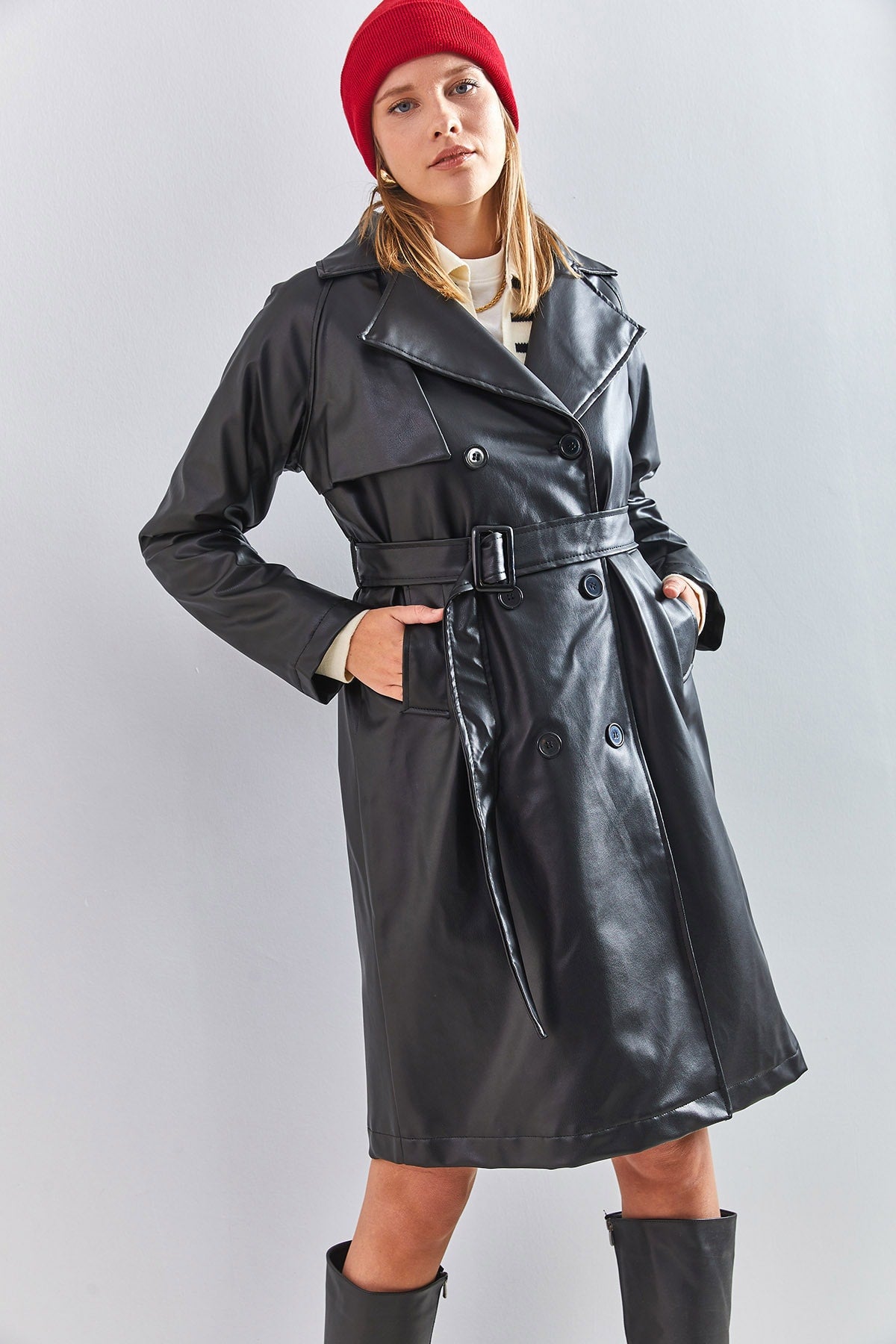 Women's 6 Button Belted Leather Overcoat 2246 40111011