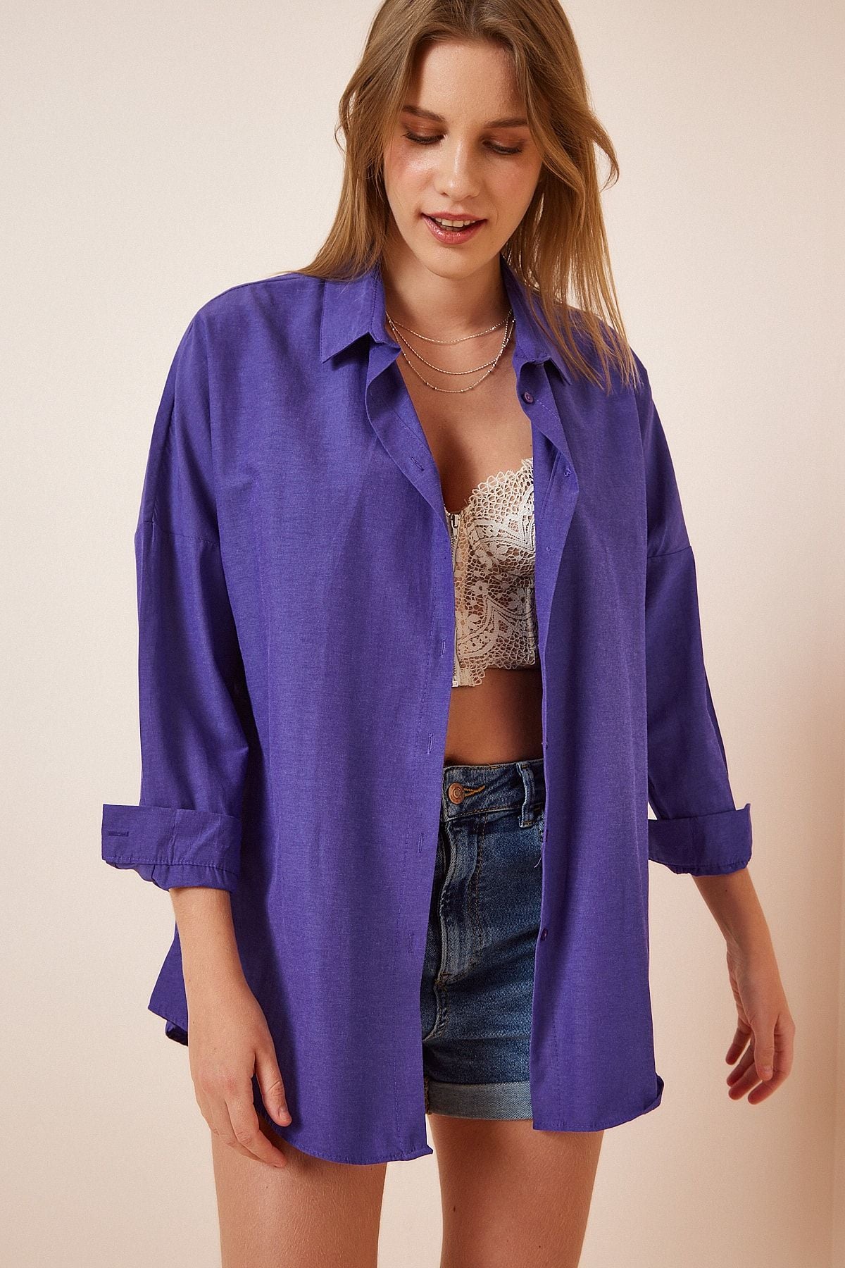 Woman Purple Oversize Long Basic Shirt DD00842