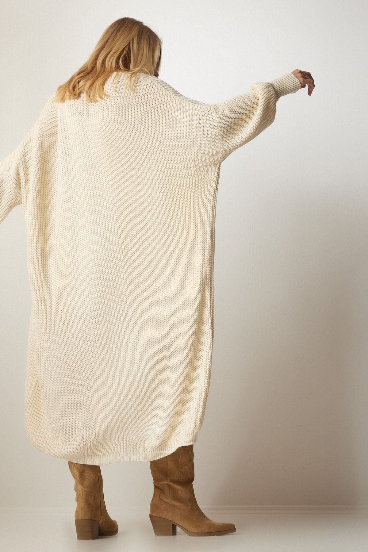 Women's Cream Pocket Long Triko Jacket Cardigan MX00106