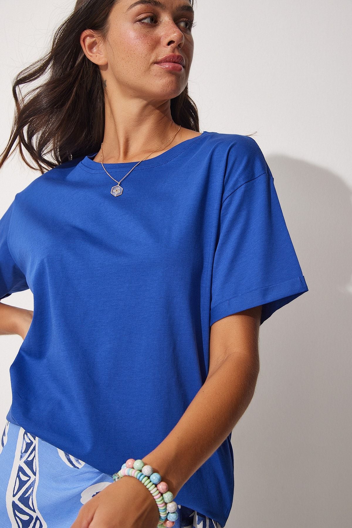 Women's Blue Bicycle Collar Cotton Plenty Knitting T-Shirt UB00053