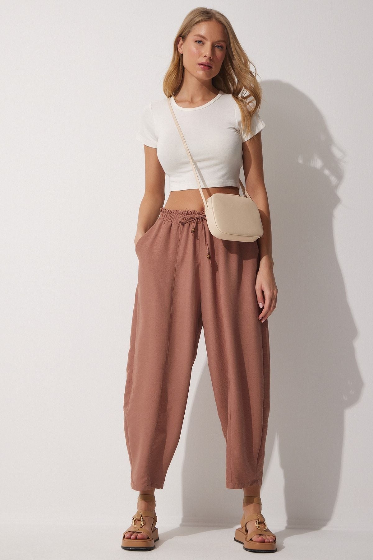 Female cocoa pocket linen viscose shalwar pants CV00001