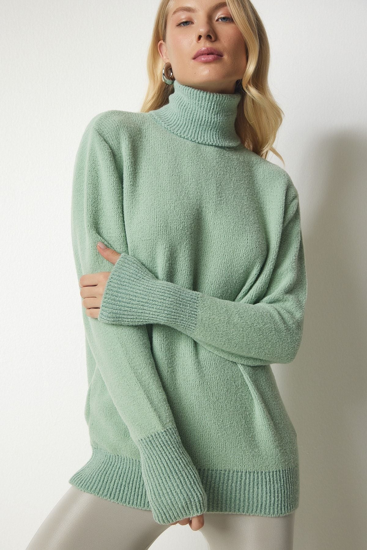 Women's Cagla Green Fisherman collar Soft textured knitwear sweater MX00140