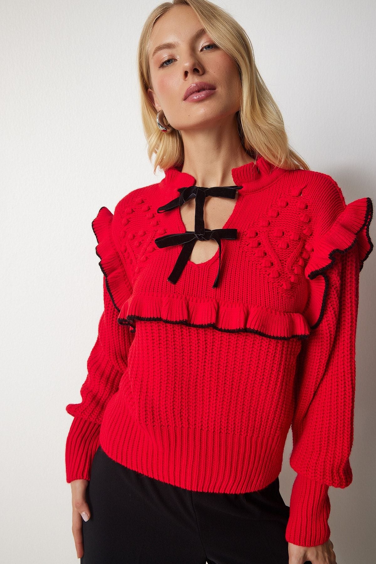 Woman Red Ruffle Bow Bow Triko Sweater MT00112