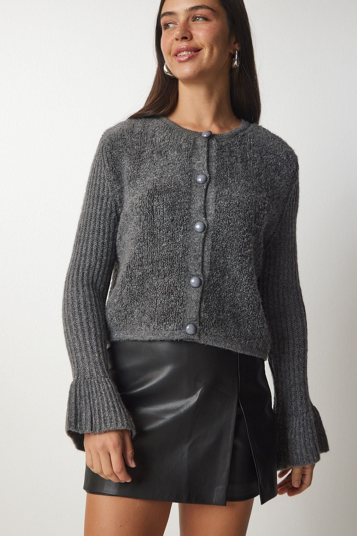 Female Gray Button Bouquet Triko Cardigan YY00152