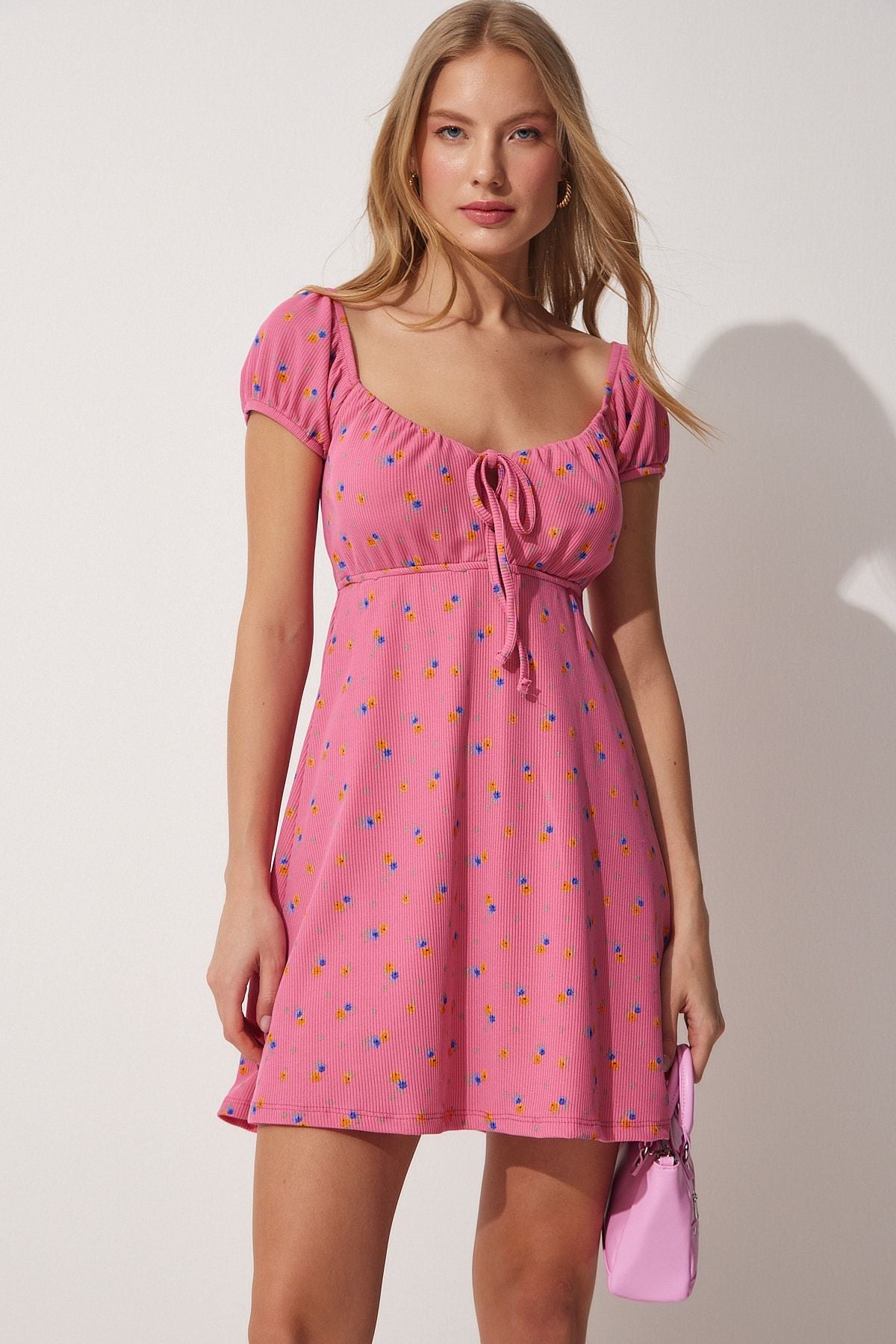 Flowering Carmen Yaka Summer Summer Mini Knitting Dress
