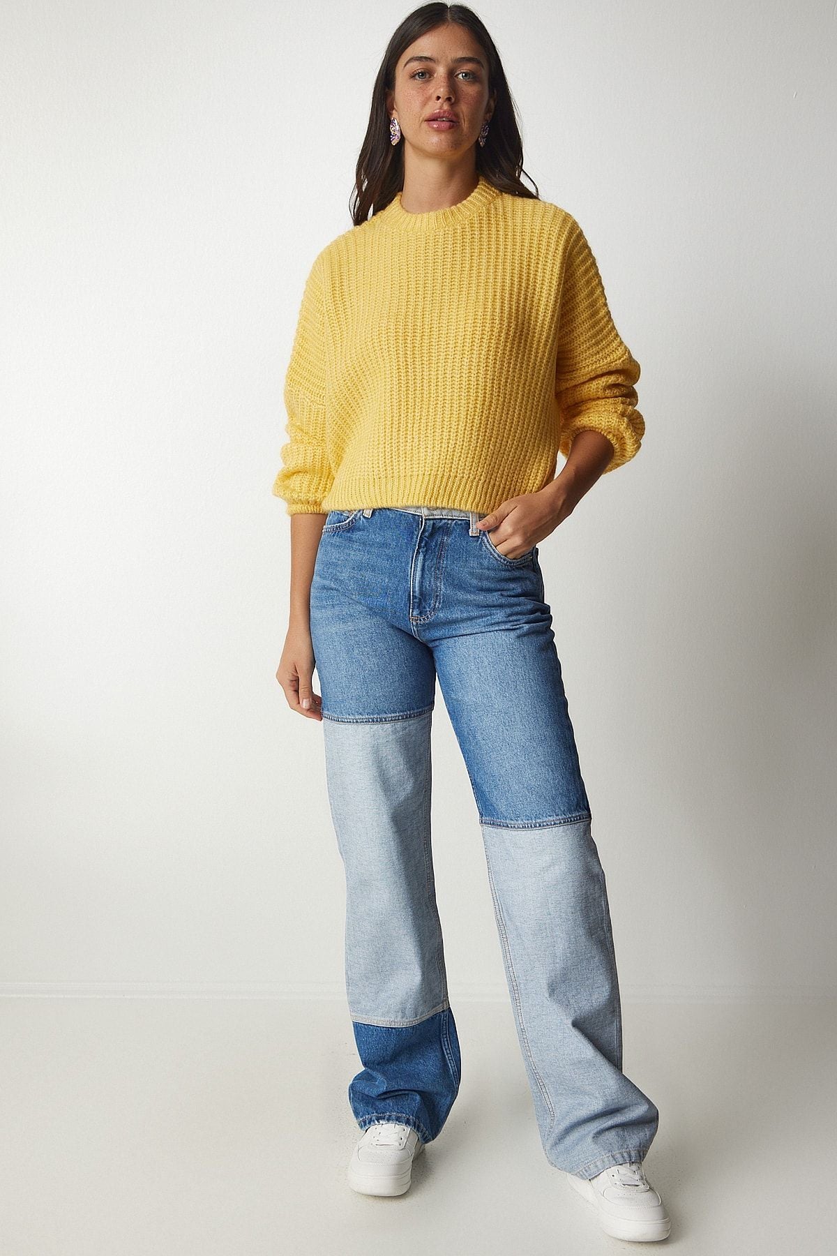 Woman Yellow Balloon Sleeze Basic Knitwear Sweater BV00098