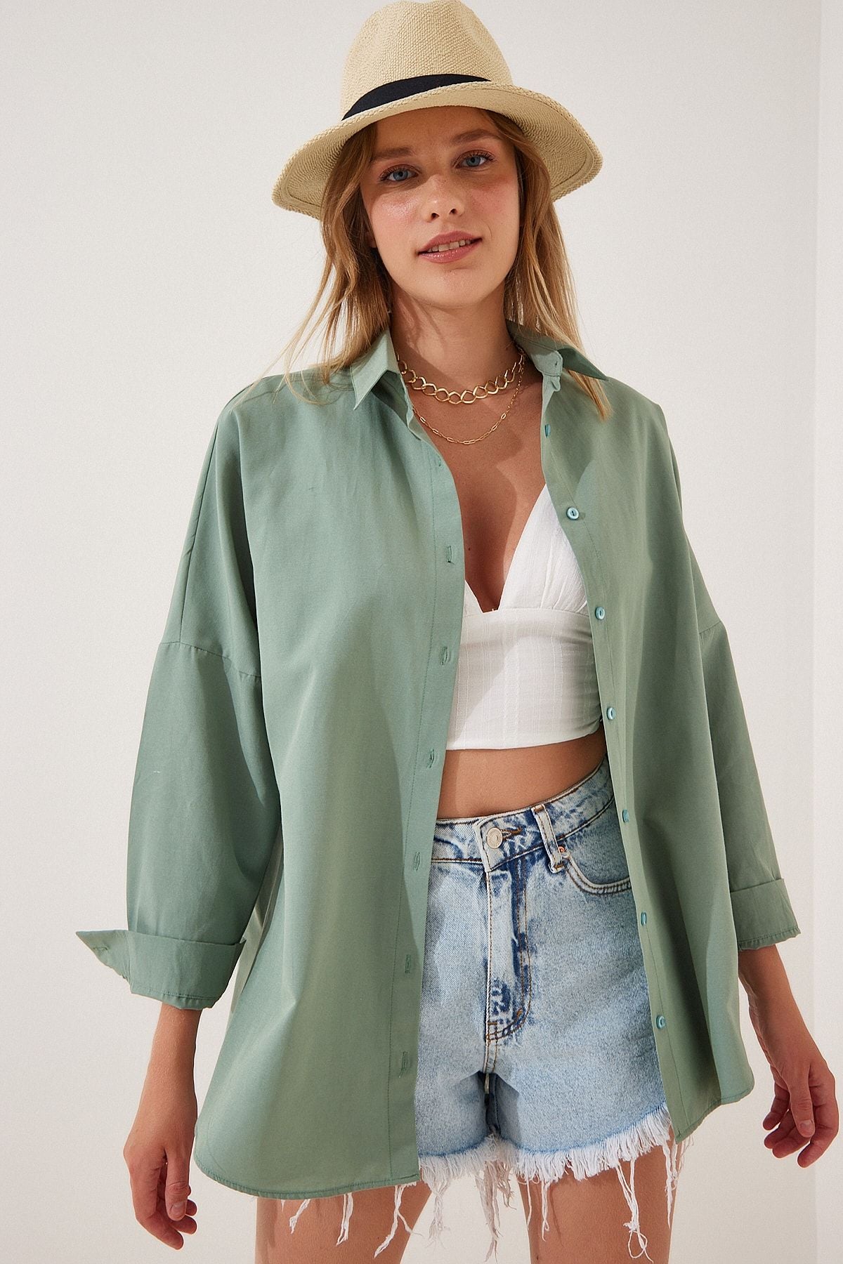 Woman Dark Cagla Green Oversize Long Basic Shirt DD00842