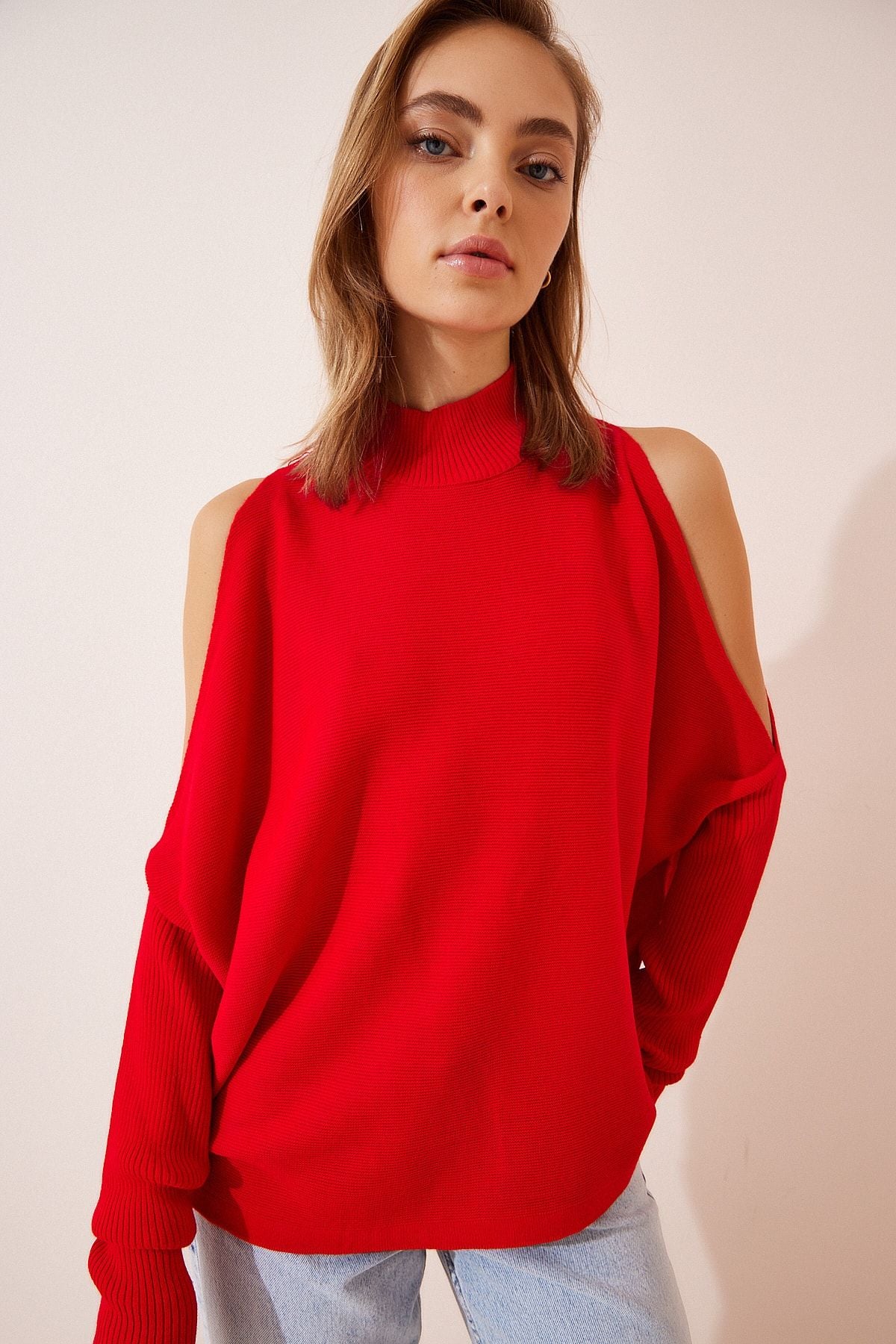 Woman Red Cut Out Detailed Oversize Knitwear Sweater AS00015