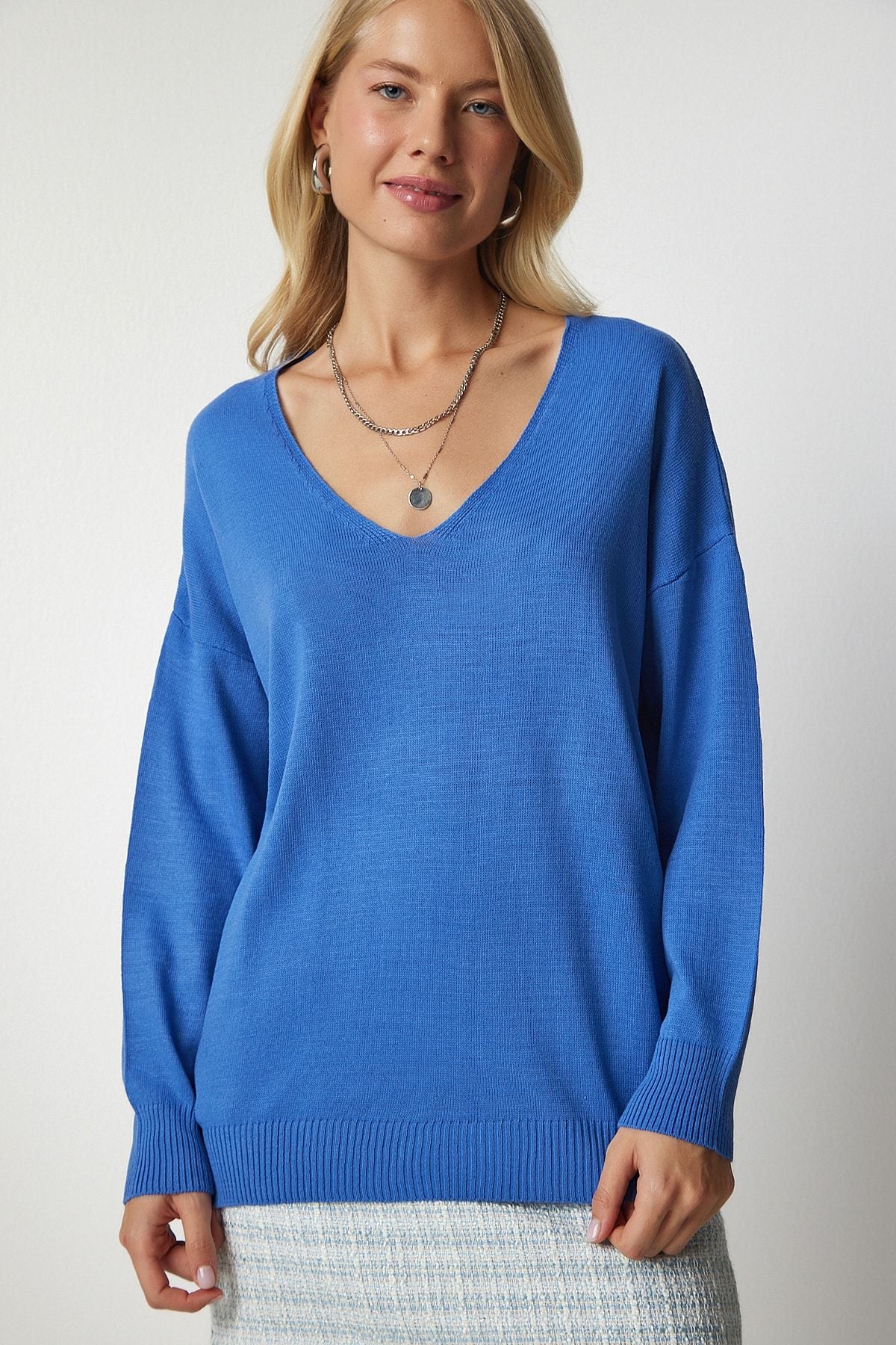 WOMEN SKY BLUE V -YAKA FINE KNITTY Sweater PN00078