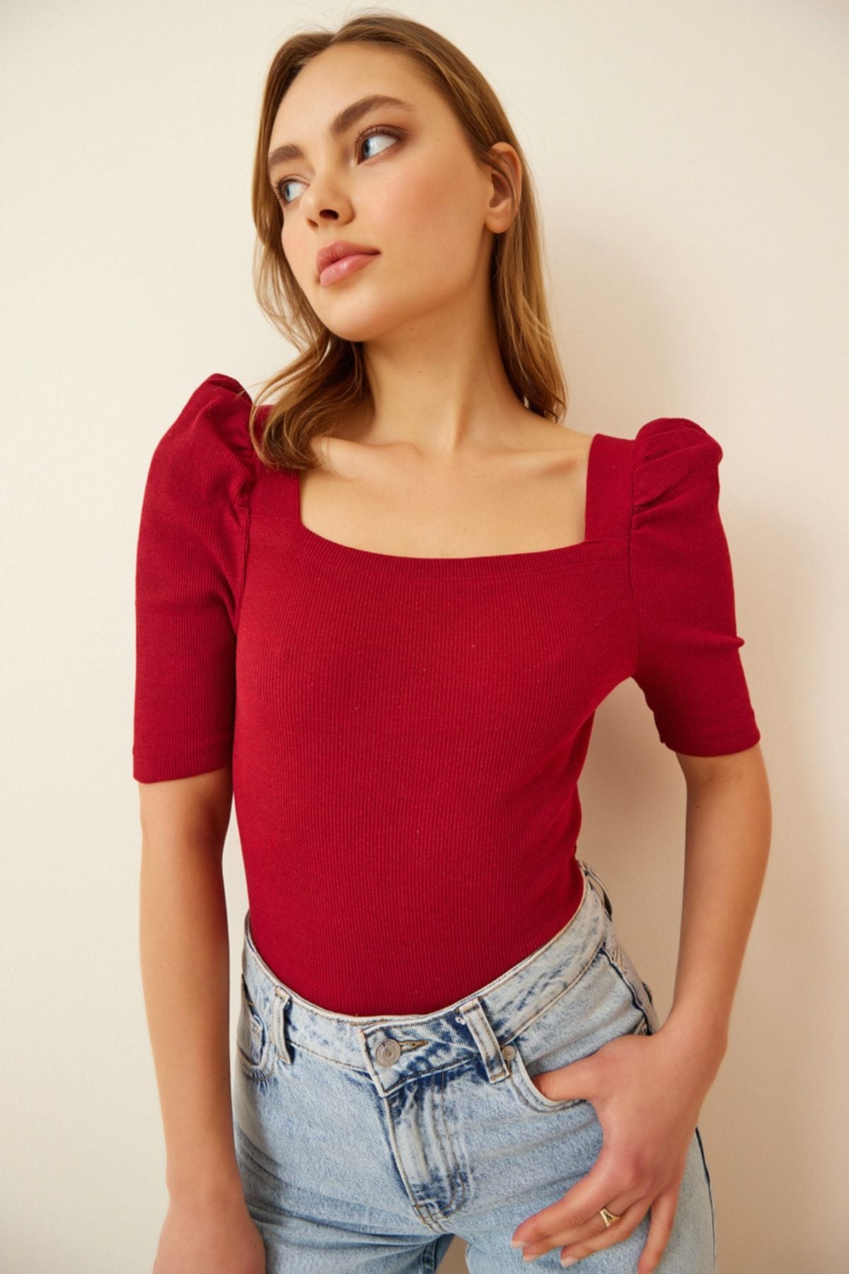 Kadın Bordo Kare Yaka Fitilli Crop Bluz GT00007