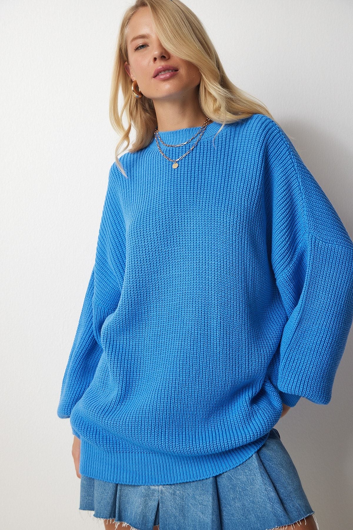 Woman Sky Blue Oversize Basic Knitwear Kazakh MX00126