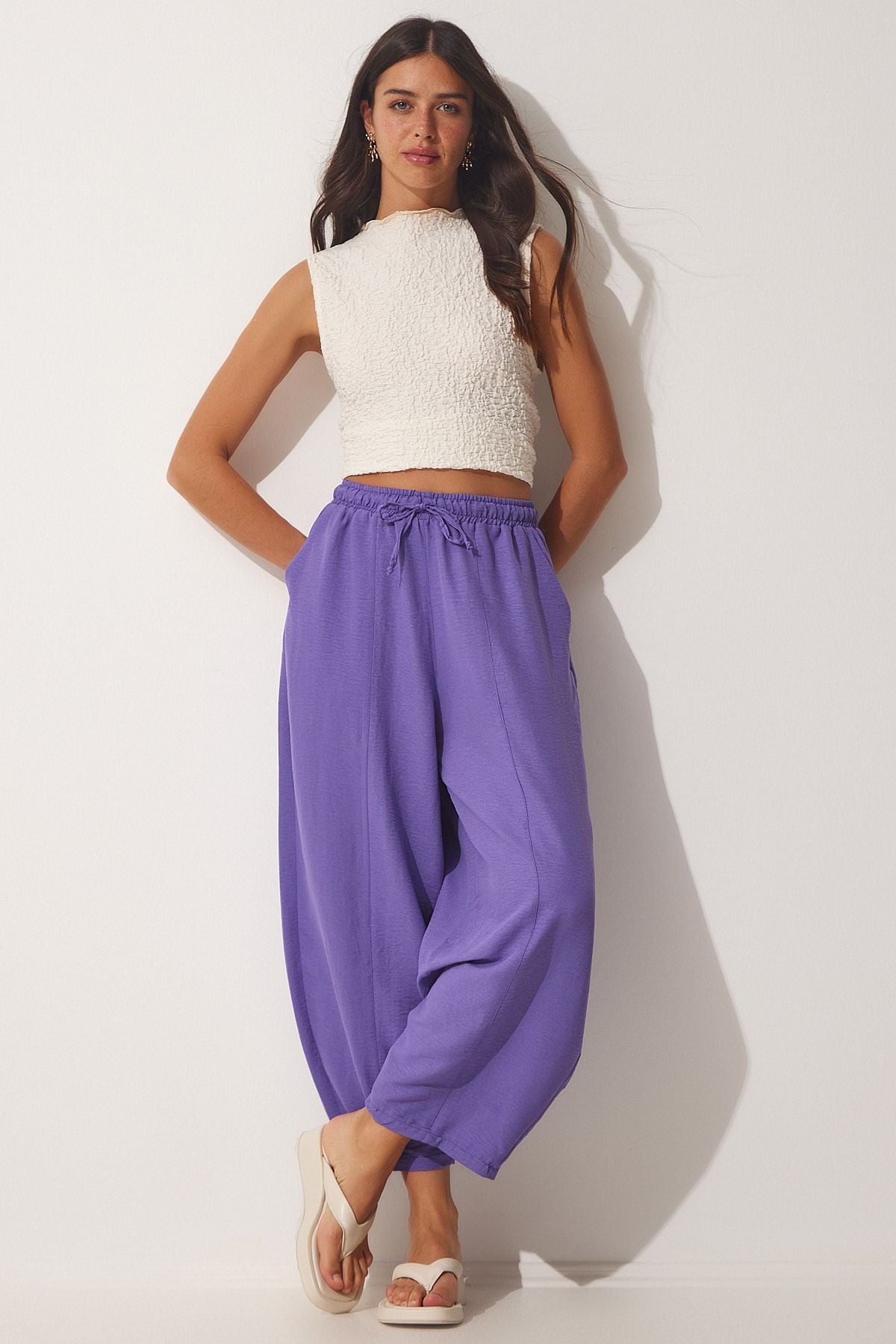 Female Purple Pocket Linen Viscose Shalwar Pants CV00001