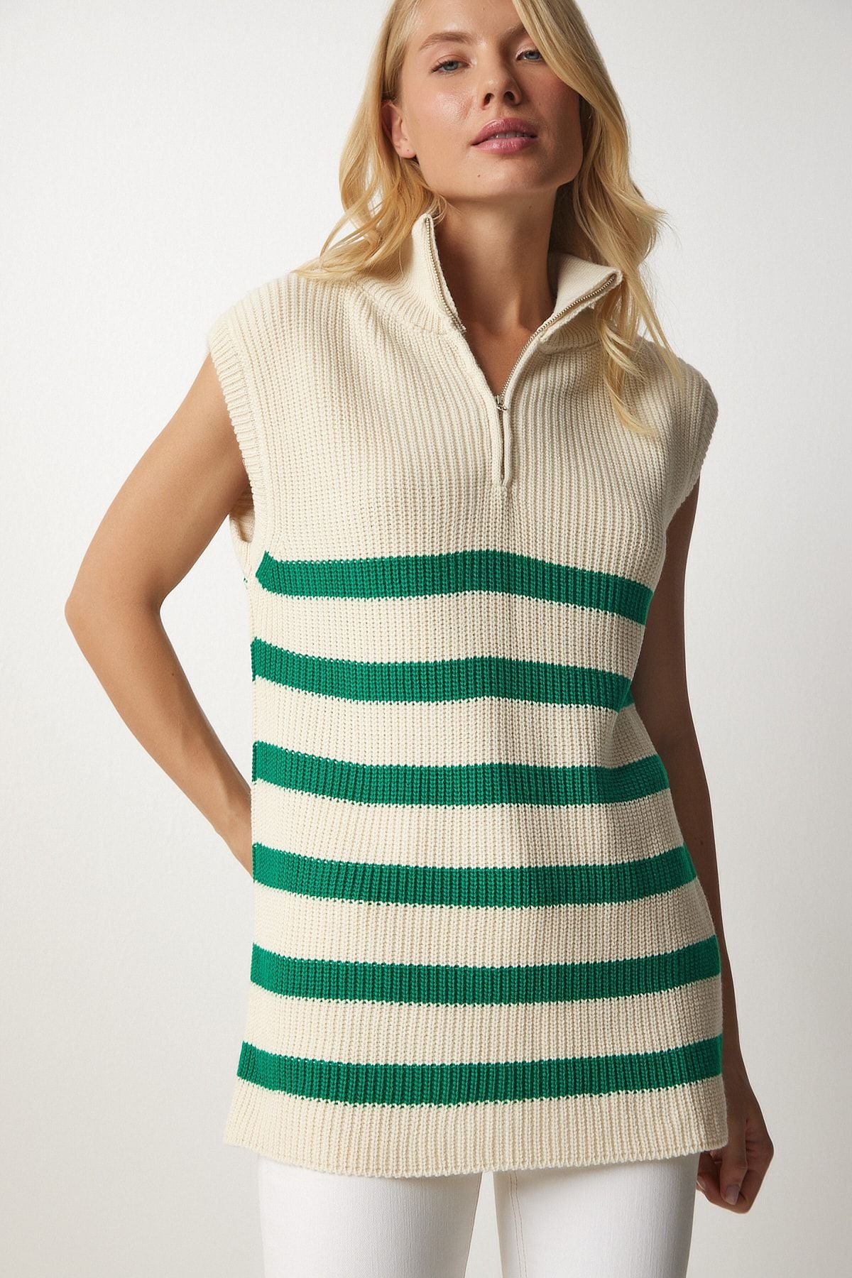 Women's Cream Green Zippered collar striped sweater MX00123