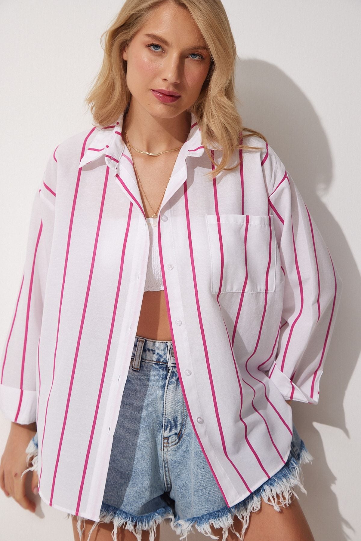 Woman Pink White Striped Oversize Long Cotton Shirt DX00005