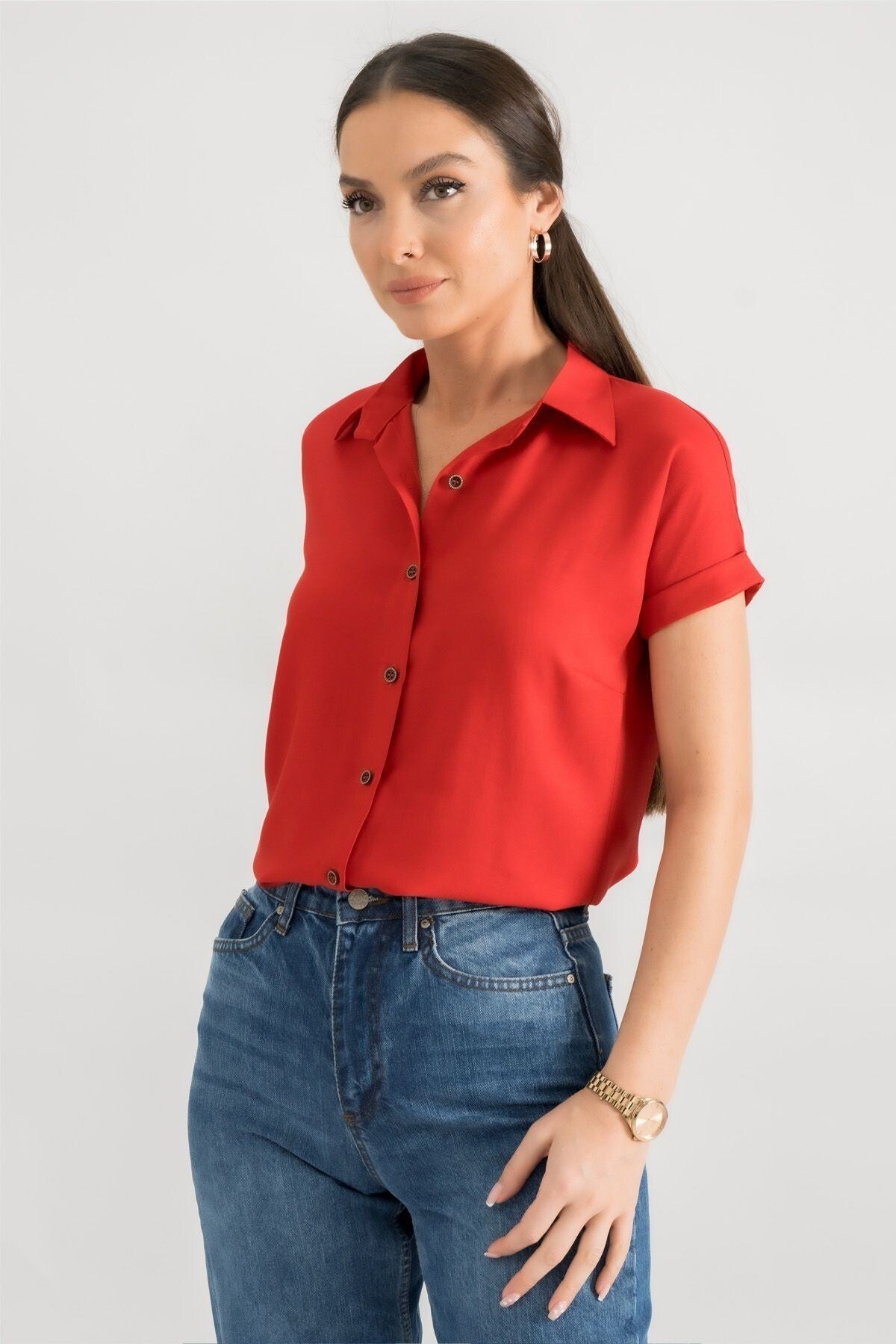 Women's Red Short Sleeve Shirt ARM-19Y001065