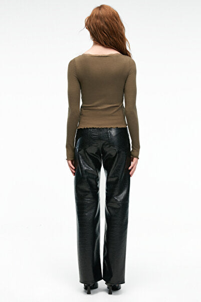 ELVURA Women's Stretchy Fabric Buttoned Blouse with Lace Detail on the Collar and Athlete Two-piece Khaki Blouse