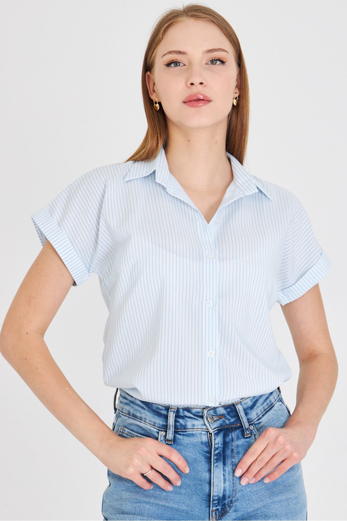 Women's Baby Blue Striped Short Sleeve Shirt ARM-25Y001059