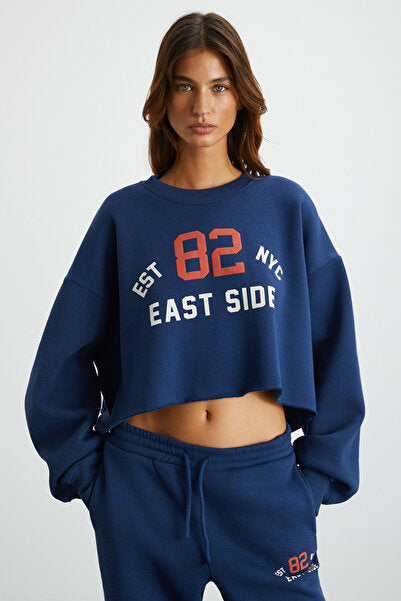 Gloryy Women's Comfort Fit Print Detailed Elastic Leg Organic Cotton Navy Blue Tracksuit Set