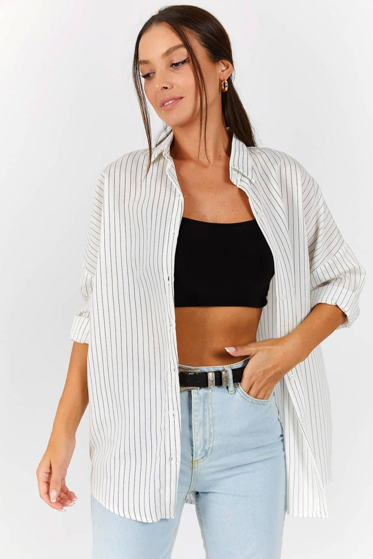 Women's White Striped Oversize Long Basic Shirt ARM-22Y001129