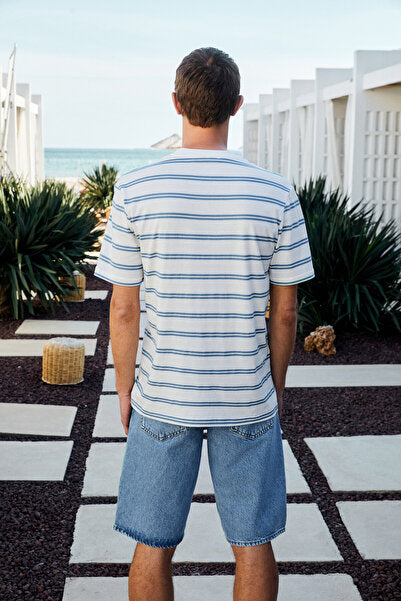 WOODY Men's 100% Cotton Embroidery Detailed Crew Neck Striped Regular Fit White-Blue Striped T-Shirt