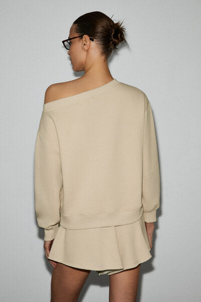 PUNNUET Women's Organic Cotton Boat Neck Elastic Waist Double Pocket Relaxed Beige Bottom-Top Set