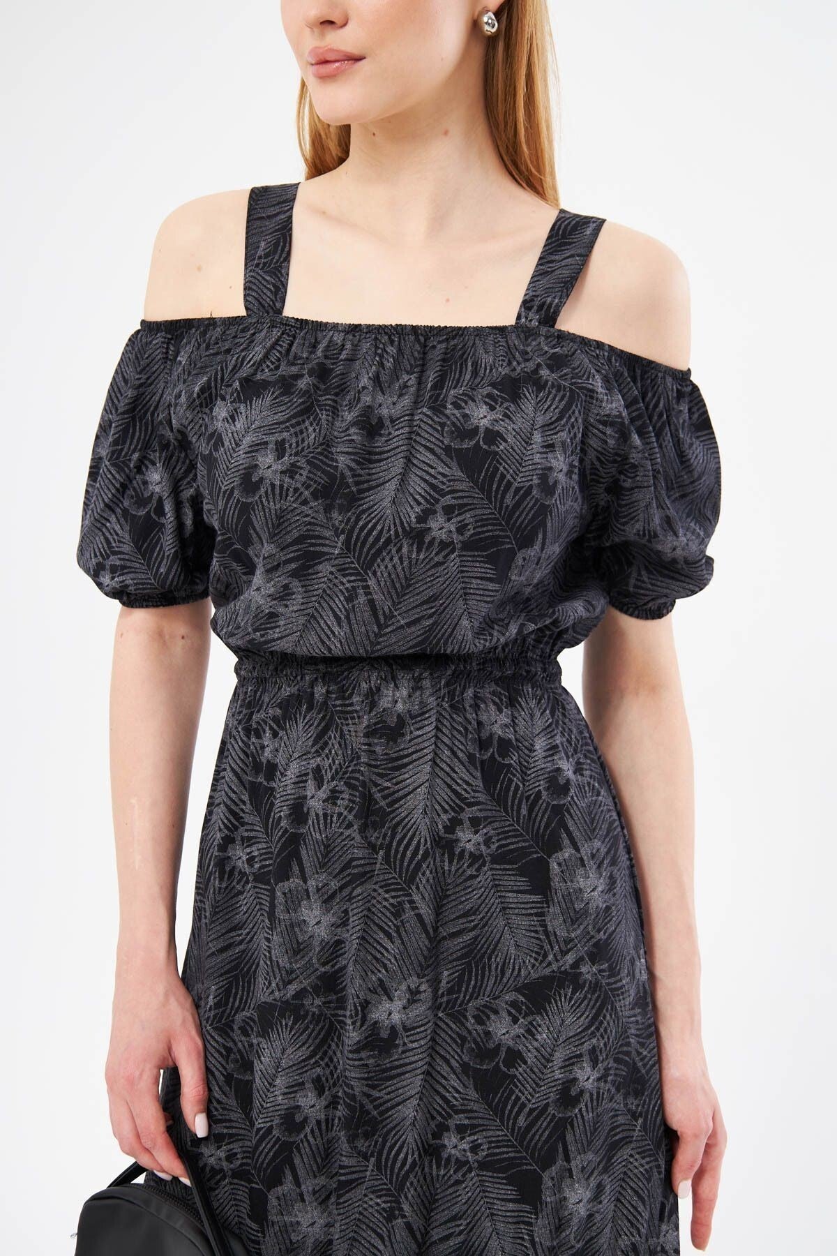 Women's Anthracite Patterned Elastic Waist Strap Dress Arm-23y001053