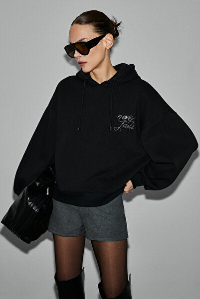 ASTERELLE Women's Cotton Fleece Inside Oversize Hooded Backpack Detailed Black Sweatshirt