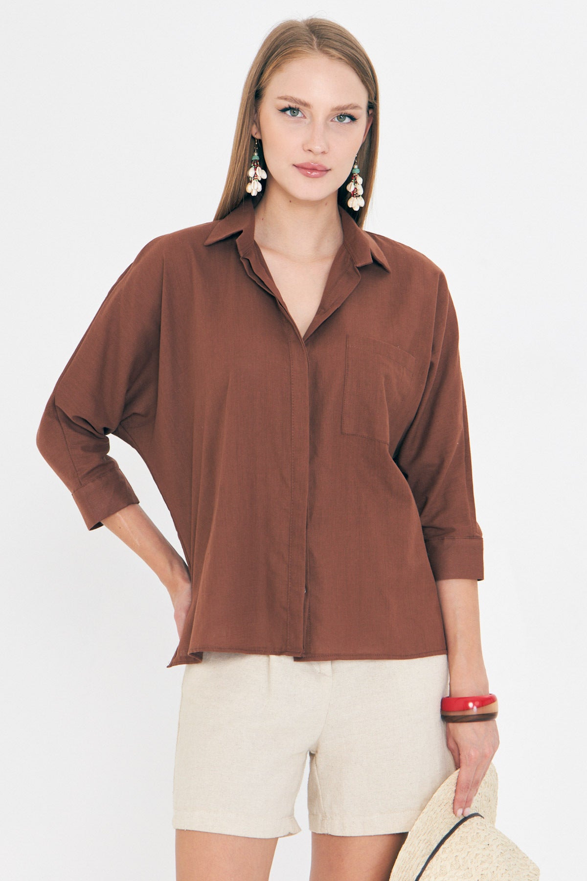 Women's Dark Brown Loose Linen Shirt with Pockets ARM-21Y001035