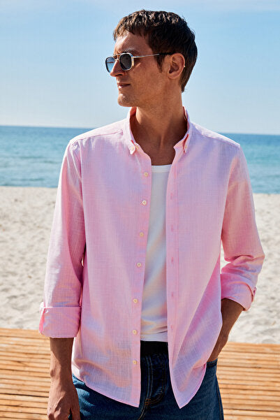 Perttu Men's 100% Cotton Slim Fit Narrow Cut Button Collar Linen Look Flared Pink Shirt