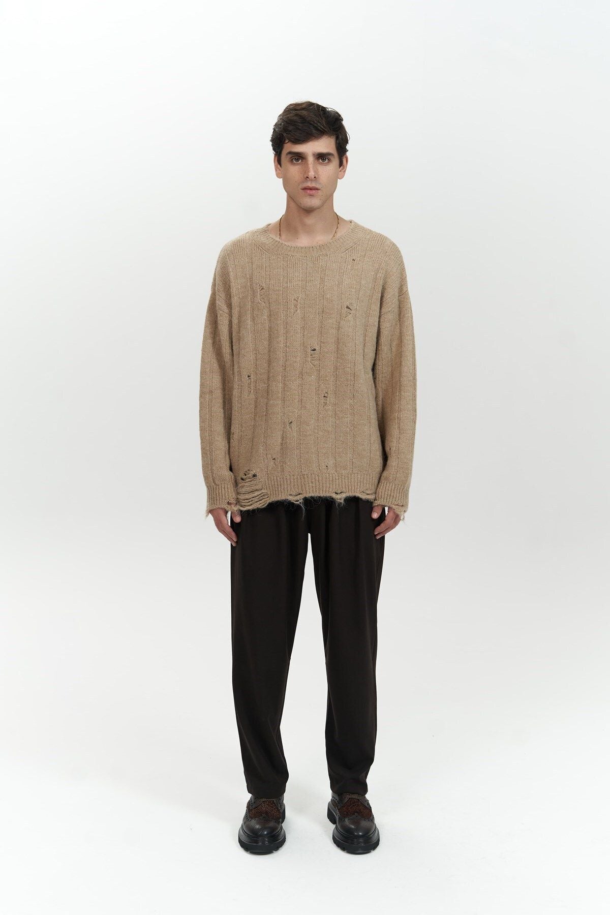 Vincent Ripped Detail Mink Men's Knitwear Sweater